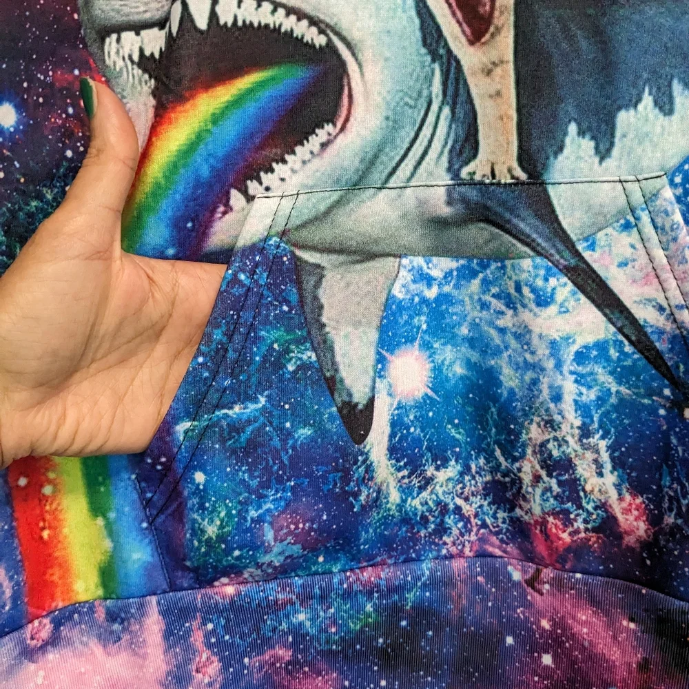 UNICOMIDEA Hoodie Pullover Cat & Shark In Space Purple Xxl